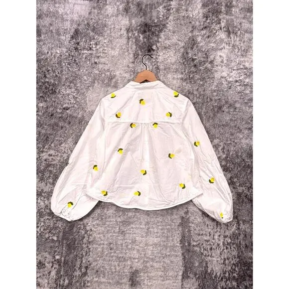 Anthropologie Shirt Medium Womens Maeve White Lemon Embroidered Button Down - Picture 3 of 8